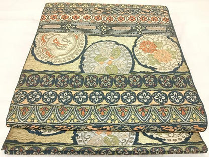 平和屋着物◎太鼓柄　本袋帯　唐織　横段花丸文　金糸　正絹　逸品　AABK5001yx