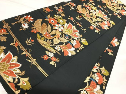平和屋着物◎六通柄　京本袋帯　唐織　花鳥文　黒地　金糸　AABK5007yx