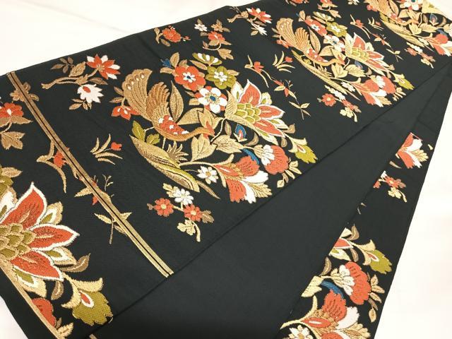 平和屋着物◎六通柄　京本袋帯　唐織　花鳥文　黒地　金糸　AABK5007yx