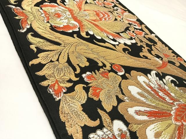 平和屋着物◎六通柄　本袋帯　唐織　更紗花文　黒地　金糸　正絹　逸品　AABK5010yx