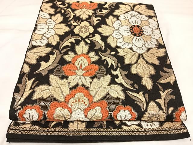平和屋着物◎六通柄　本袋帯　唐織　更紗花文　黒地　金糸　正絹　逸品　AABK5019yx