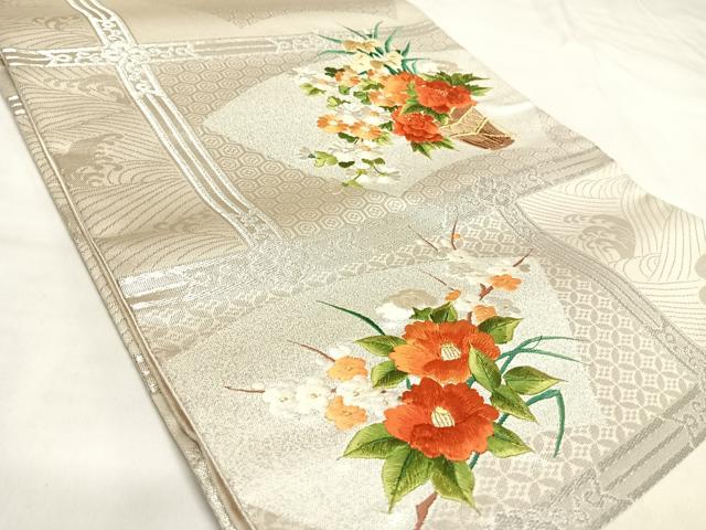 平和屋着物◎太鼓柄袋帯　刺繍　飾花文　金銀糸　正絹　逸品　AABK5027yx