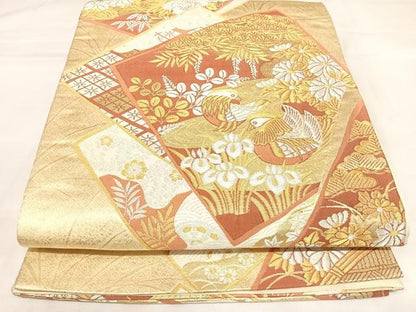平和屋着物◎六通柄袋帯　色紙重ね鴛鴦花文　金銀糸　正絹　逸品　AABK5038yx