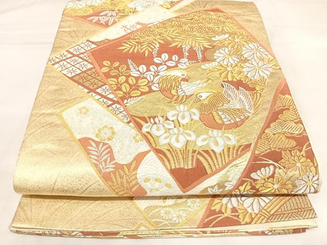 平和屋着物◎六通柄袋帯　色紙重ね鴛鴦花文　金銀糸　正絹　逸品　AABK5038yx