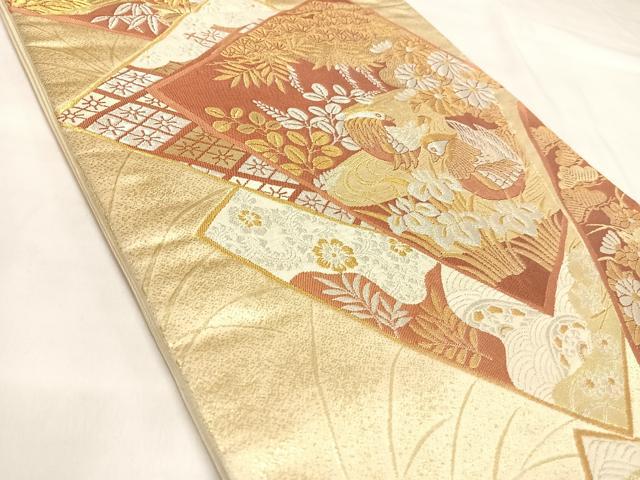 平和屋着物◎六通柄袋帯　色紙重ね鴛鴦花文　金銀糸　正絹　逸品　AABK5038yx