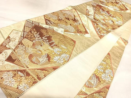 平和屋着物◎六通柄袋帯　色紙重ね鴛鴦花文　金銀糸　正絹　逸品　AABK5038yx