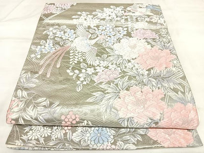平和屋着物◎六通柄袋帯　唐織　裂形取花鳥文　プラチナ箔　正絹　逸品　AABK5042yx