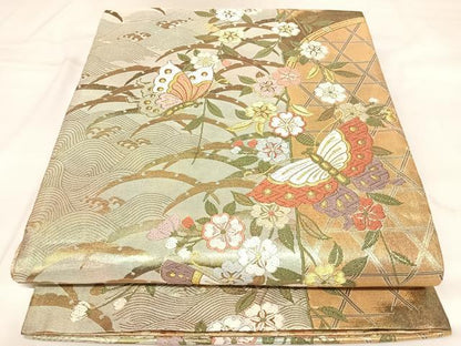 平和屋着物◎全通柄袋帯　唐織　慶長重ね　桜華蝶文　金糸　正絹　逸品　AABK5045yx
