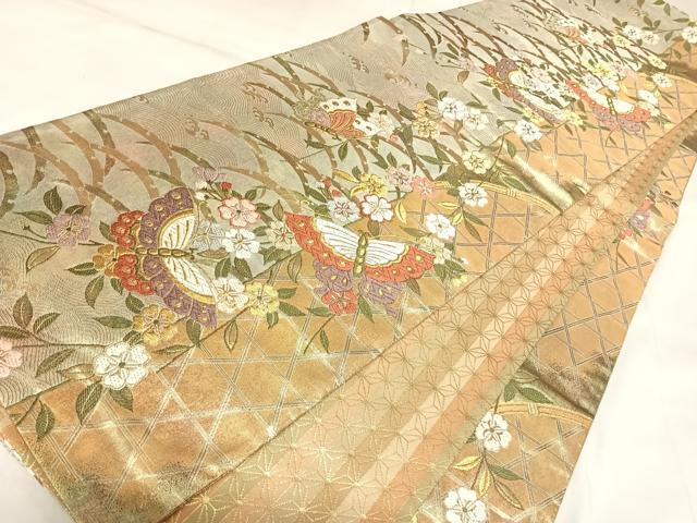 平和屋着物◎全通柄袋帯　唐織　慶長重ね　桜華蝶文　金糸　正絹　逸品　AABK5045yx