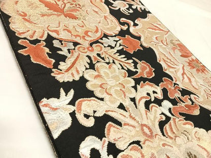 平和屋着物◎全通柄　本袋帯　飾花文　黒地　金銀糸　正絹　逸品　AABK5047yx