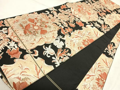 平和屋着物◎全通柄　本袋帯　飾花文　黒地　金銀糸　正絹　逸品　AABK5047yx