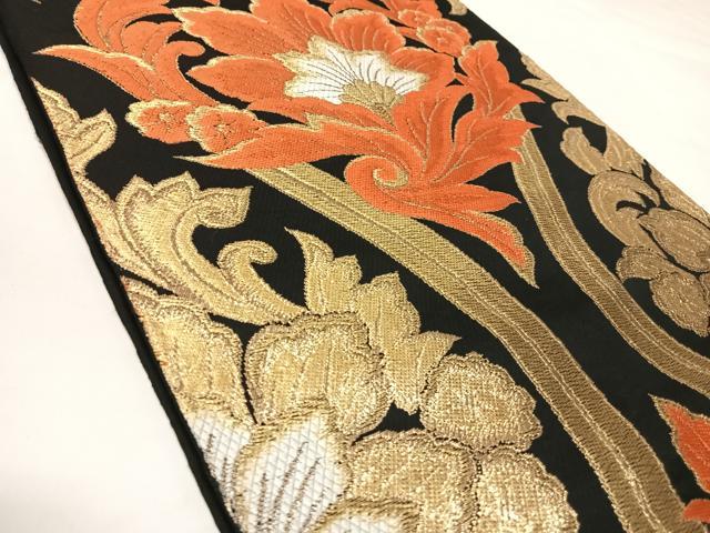 平和屋着物◎六通柄　本袋帯　唐織　立涌花文　黒地　金糸　AABK5050yx