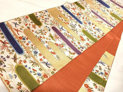 平和屋着物◎六通柄　本袋帯　唐織　花鳥文　金糸　正絹　逸品　AABK5051yx