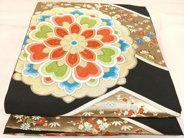 平和屋着物◎六通柄袋帯　唐織　松皮菱花文　黒地　金銀糸　正絹　逸品　AABK5052yx