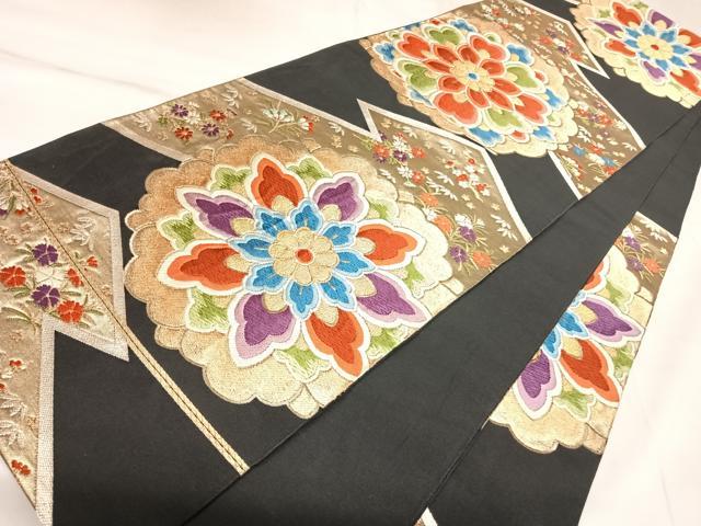 平和屋着物◎六通柄袋帯　唐織　松皮菱花文　黒地　金銀糸　正絹　逸品　AABK5052yx