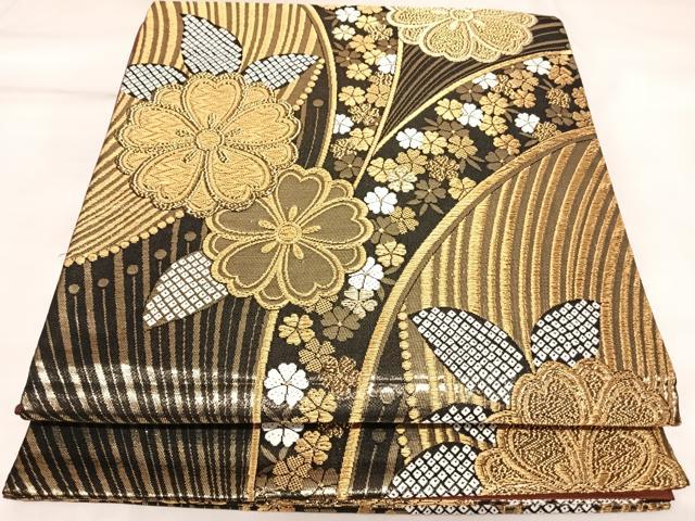 平和屋着物◎六通柄袋帯　唐織　舞花文　黒地　金糸　正絹　逸品　AABK5053yx