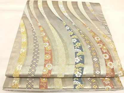 平和屋着物◎六通柄袋帯　唐織　流水花文　金銀糸　引箔　正絹　逸品　AABK5056yx