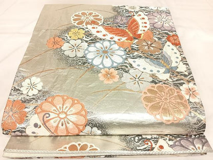 平和屋着物◎佐賀錦　六通柄袋帯　唐織　花蝶文　金銀糸　正絹　逸品　AABK5058yx