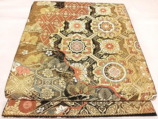 平和屋着物◎六通柄袋帯　唐織　道長花文　金糸　正絹　逸品　AABK5059yx