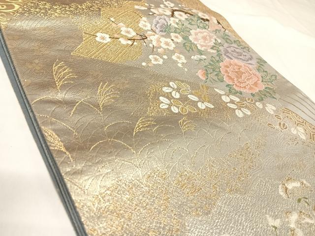 平和屋着物◎六通柄袋帯　唐織　扇面蒔絵花文　金銀糸　正絹　逸品　AABK5061yx