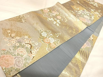 平和屋着物◎六通柄袋帯　唐織　扇面蒔絵花文　金銀糸　正絹　逸品　AABK5061yx