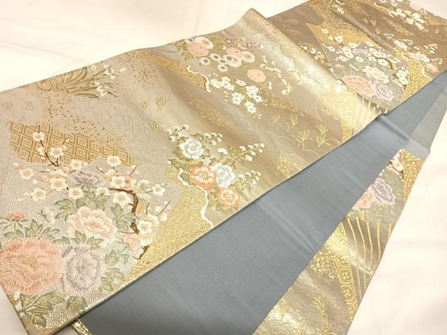 平和屋着物◎六通柄袋帯　唐織　扇面蒔絵花文　金銀糸　正絹　逸品　AABK5061yx