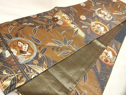 平和屋着物◎六通柄袋帯　唐織　花蝶文　金糸　正絹　逸品　AABK5062yx