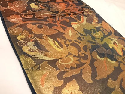 平和屋着物◎六通柄袋帯　更紗花鳥文　金糸　引箔　正絹　逸品　AABK5067yx