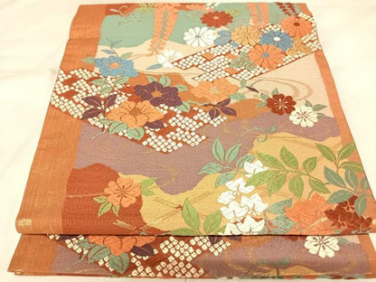 平和屋着物◎六通柄袋帯　唐織　花筏文　金糸　正絹　逸品　AABK5069yx