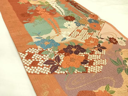 平和屋着物◎六通柄袋帯　唐織　花筏文　金糸　正絹　逸品　AABK5069yx