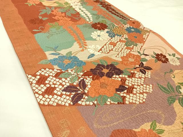 平和屋着物◎六通柄袋帯　唐織　花筏文　金糸　正絹　逸品　AABK5069yx