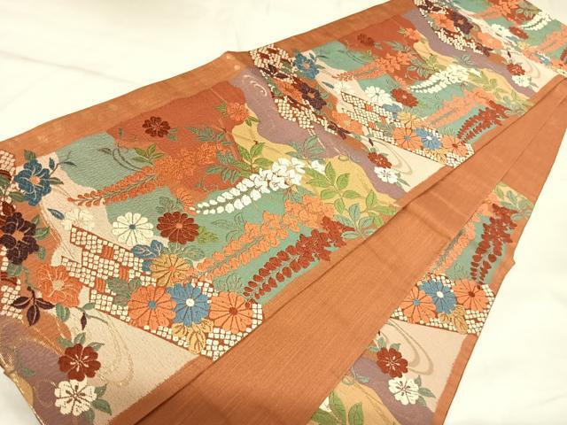 平和屋着物◎六通柄袋帯　唐織　花筏文　金糸　正絹　逸品　AABK5069yx