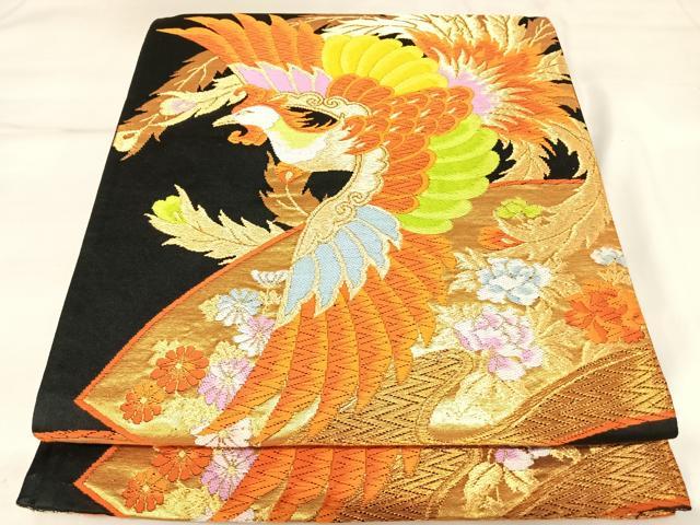 平和屋着物◎六通柄袋帯　唐織　鳳凰花文　黒地　金銀糸　正絹　逸品　AABK5070yx
