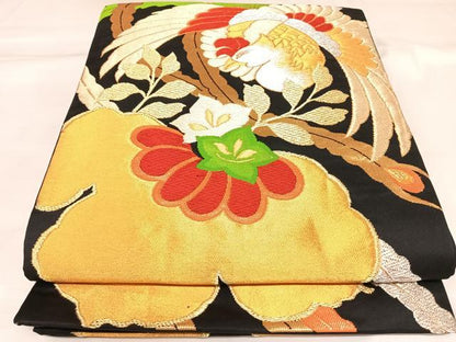 平和屋着物◎六通柄袋帯　唐織　鳳凰文　黒地　金銀糸　正絹　逸品　AABK5077yx
