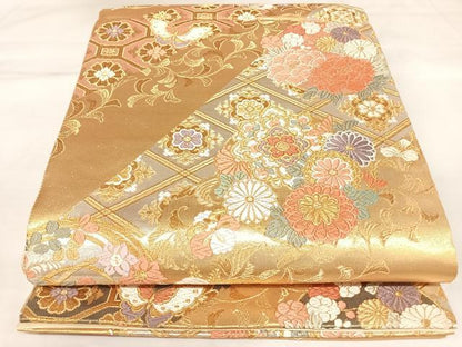 平和屋着物◎六通柄袋帯　唐織　金錦　花蝶文　金銀糸　正絹　逸品　AABK5078yx