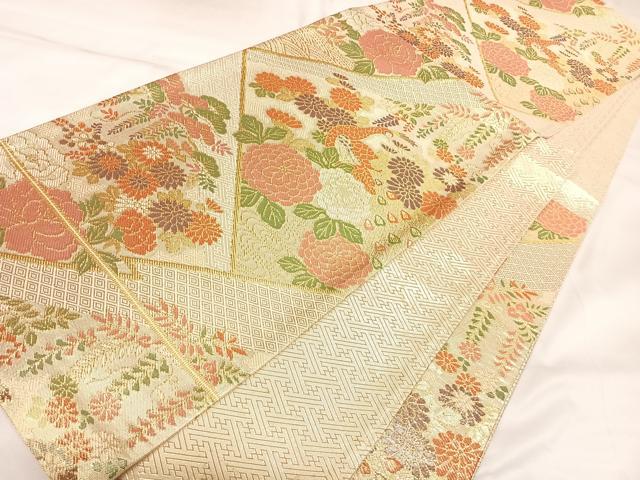 平和屋着物◎佐賀錦　六通柄袋帯　孔雀花文　金糸　正絹　逸品　AABK5083yx