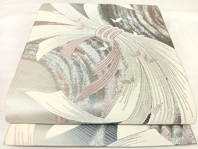 平和屋着物◎六通柄袋帯　束ね熨斗松蝶文　銀糸　正絹　逸品　AABK5097yx