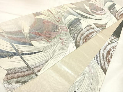 平和屋着物◎六通柄袋帯　束ね熨斗松蝶文　銀糸　正絹　逸品　AABK5097yx