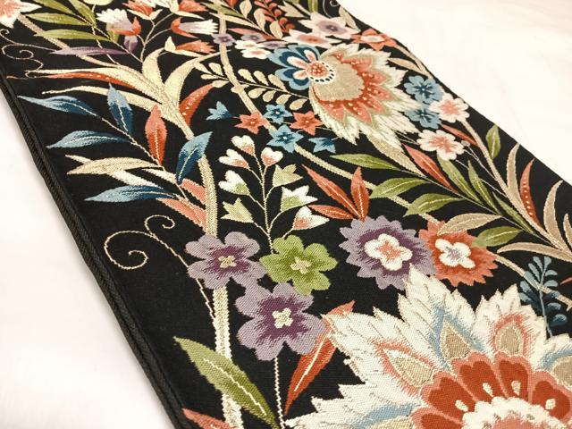 平和屋着物◎六通柄　本袋帯　更紗花文　黒地　金糸　正絹　逸品　AABK5105yx