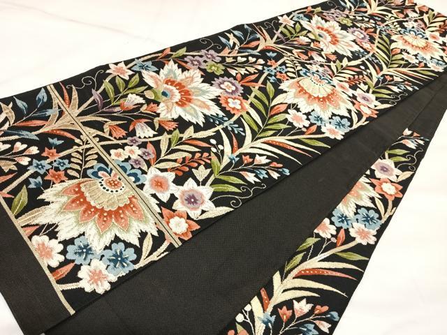 平和屋着物◎六通柄　本袋帯　更紗花文　黒地　金糸　正絹　逸品　AABK5105yx