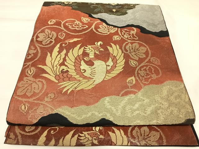 平和屋着物◎六通柄袋帯　鳳凰草花文　金糸　正絹　逸品　AABK5107yx