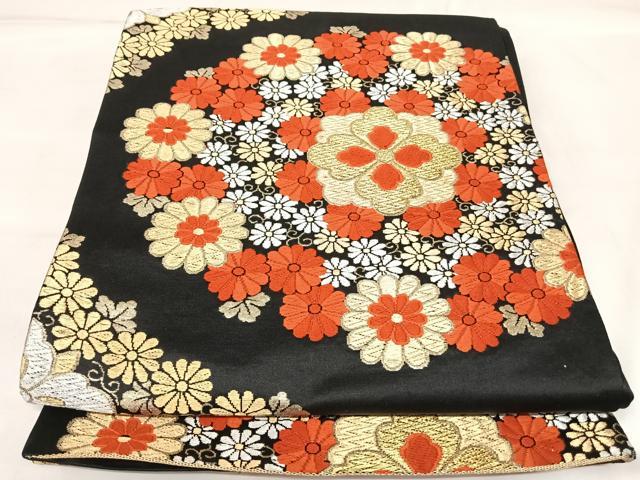 平和屋着物◎六通柄袋帯　唐織　花丸文　黒地　金銀糸　正絹　逸品　AABK5109yx