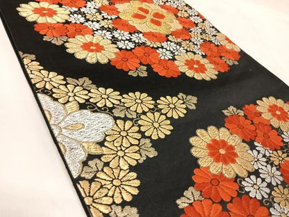 平和屋着物◎六通柄袋帯　唐織　花丸文　黒地　金銀糸　正絹　逸品　AABK5109yx