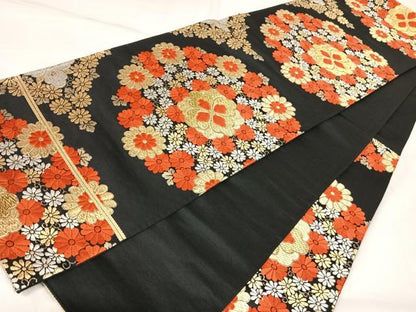 平和屋着物◎六通柄袋帯　唐織　花丸文　黒地　金銀糸　正絹　逸品　AABK5109yx