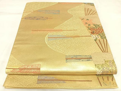 平和屋着物◎六通柄袋帯　唐織　扇面花文　沈金箔　正絹　逸品　AABK5117yx