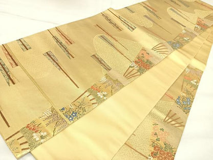 平和屋着物◎六通柄袋帯　唐織　扇面花文　沈金箔　正絹　逸品　AABK5117yx