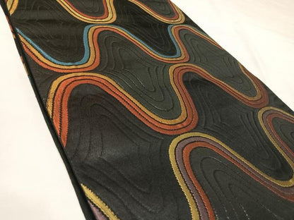 平和屋着物◎六通柄袋帯　幾何学横段文　黒地　正絹　逸品　AABK5118yx