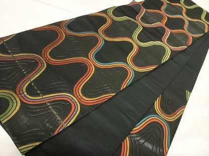 平和屋着物◎六通柄袋帯　幾何学横段文　黒地　正絹　逸品　AABK5118yx