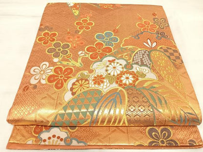 平和屋着物◎六通柄袋帯　唐織　笹梅文　金糸　正絹　逸品　AABK5122yx