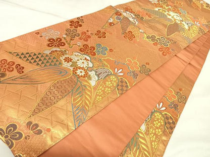 平和屋着物◎六通柄袋帯　唐織　笹梅文　金糸　正絹　逸品　AABK5122yx